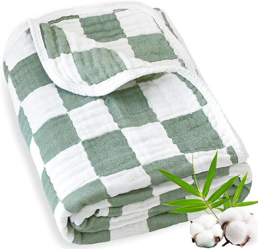 Muslin Baby Blanket Unisex Sage Green Checkerboard Toddler Blanket for Bed, 70% Cotton and 30% Rayon Breathable Swaddle Blankets for Newborn Infant 43 x 43 Inches