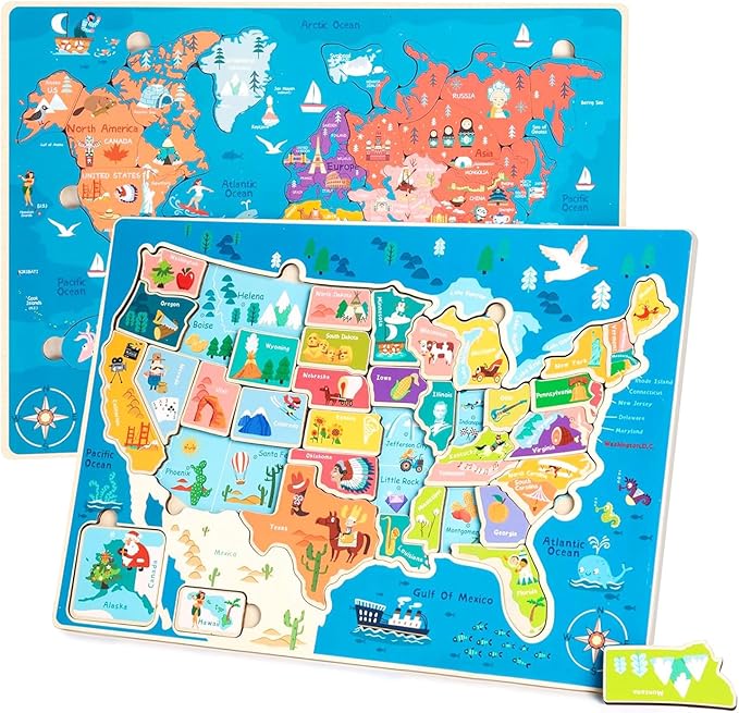 2 Pack Puzzles for Kids Ages 4-6, Wooden Puzzles for Toddlers, Busy Board, Map Jigsaw Puzzle Educational Wood Floor Puzzle, World USA Maps Puzzles Toy Gift for Boys and Girls (US & World Map)