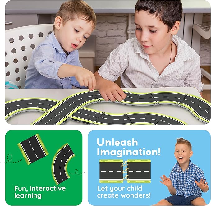 PicassoTiles Magnetic Building Tiles Car Track Magnet Vehicle Adventure Theme Printed Street Road Runway Speedway Highway Block Construction Expansion Add-on Education Learning Toys for Kids 3+ PTE16