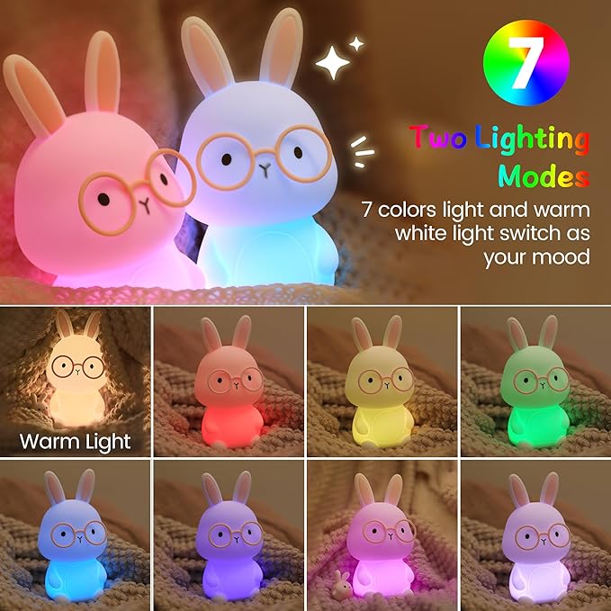 Bunny Lamp for Kids,Rabbit Night Light with Color Changing, Rechargeable LED Nightlight for Easter Gift,Silicone Bedside Touch Lamp,3 Levels Dimmable/Timmer Nursery Bedroom Light, Baby Room Decor