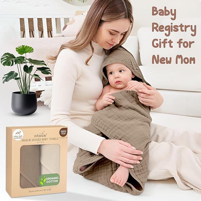 Organic Cotton Muslin Baby Hooded Towels - 32x32 Inch, 2 Pack Newborn Bath Towels for Boys & Girls, Soft & Absorbent Bath Set (Olive/Ivory)