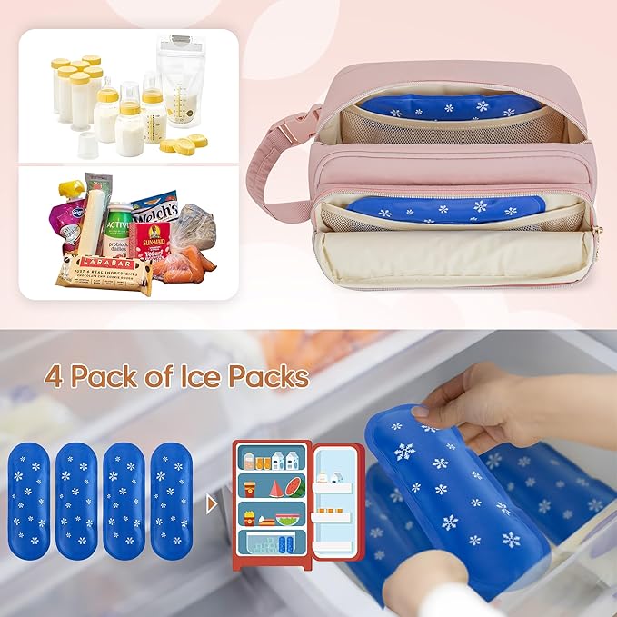 Damero Breastmilk Cooler Bag with 4 Ice Packs, Breast Milk Cooler Travel Bag Fit for Milk Bags or Bottles, with Buckle Handle for Breastfeeding Moms Travel/Daycare, Pink