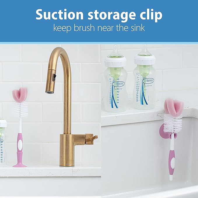 Dr. Brown's Reusable Sponge Baby Bottle Cleaning Brush with Suction Cup Stand, Scrubber and Nipple Cleaner, Pink 1-Pack