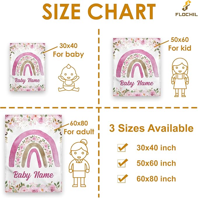 FLOCHIL Personalized Baby Blanket for Girls, Custom Baby Blanket with Name, Customized Baby Products, Gift for Baby, Newborn, Baby Shower (Rainbow)
