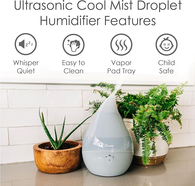 Crane Teardrop Ultrasonic Cool Mist Baby Humidifier for Nursery, Essential Oil Diffuser, Adjustable Settings, Auto Shut-Off, Grey, 0.5 Gallon