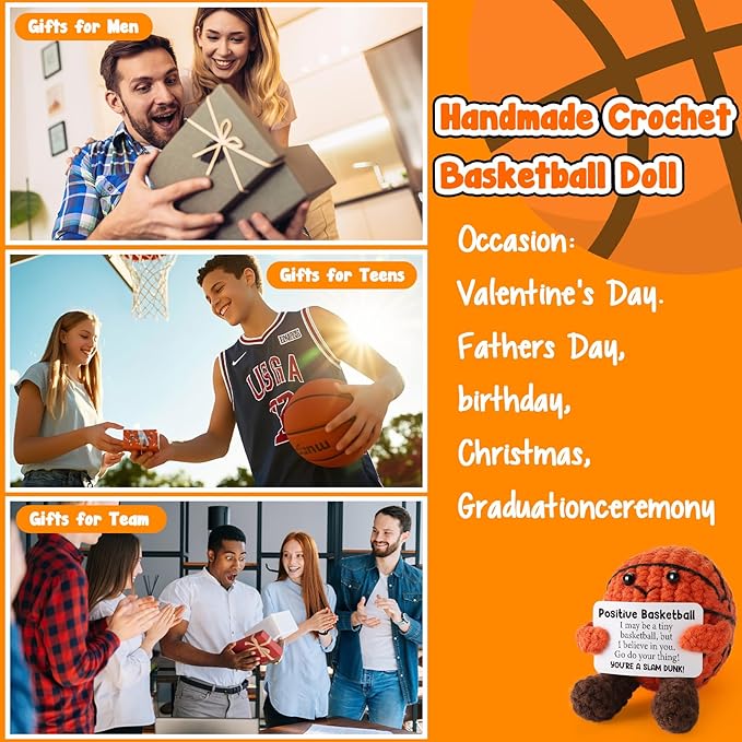 Mini Positive Crochet Basketball Gifts - Emotional Inspirational Support Gift for Women Men Friends Teenage Boys Girls Teammate - Handmade Basketball Decor for Birthday Graduation Christmas