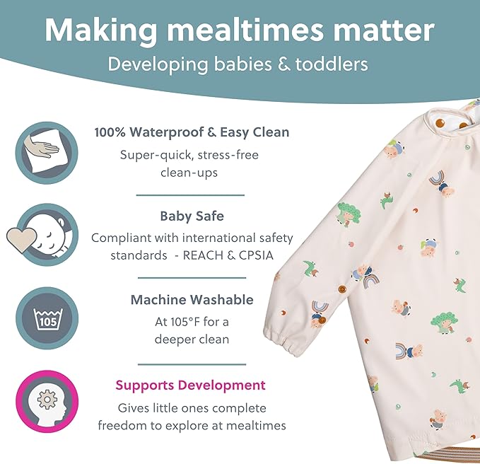 BIBaDO - Long Sleeve Baby Bibs - Babies & Toddlers 6-36 Months - Coverall Baby Led Weaning Bib - Easy Wipe, Soft & Waterproof