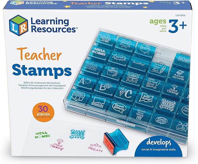 Learning Resources Jumbo Illustrated Teacher Stamps, Set of 30, Ages 3+, Messages Stamps for Homework School Classroom, Back to School Supplies,Teacher Supplies