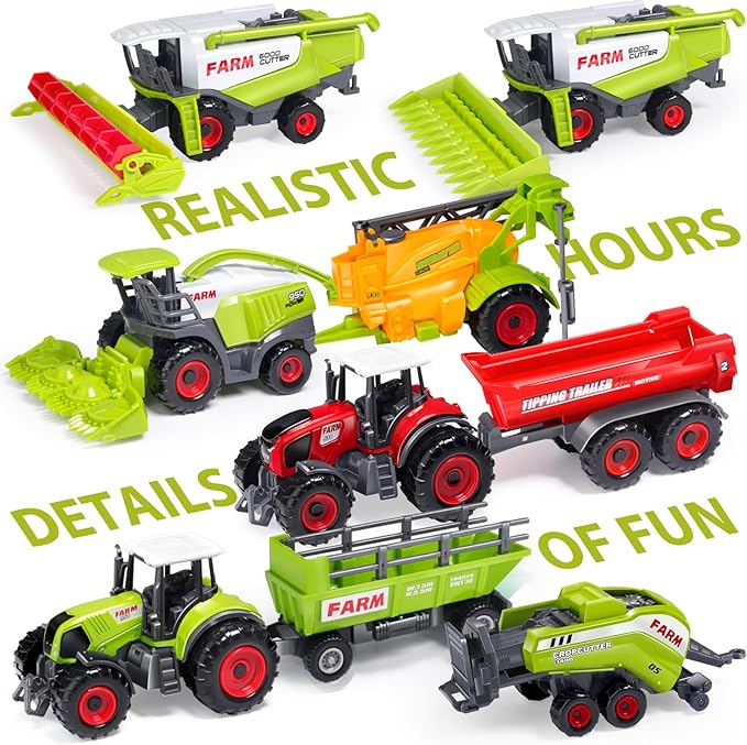 Oriate Farm Tractor Set 34 Piece Die Cast Vehicle Value Playset, Large Size 4.8" Tractors Toy Kids Birthday Gift, Farm Play Mat Tractors Animals Trailer Toys, Farm Equipment Accessories