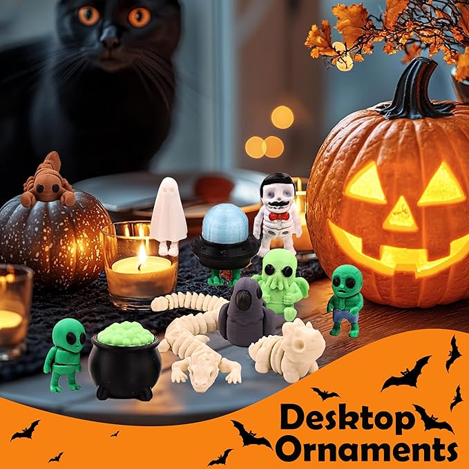 Mini 3D Printed Figurines Set for Halloween Decorations, Articulated, Flexible, and Exquisitely, Skeleton, Zombie, Alien