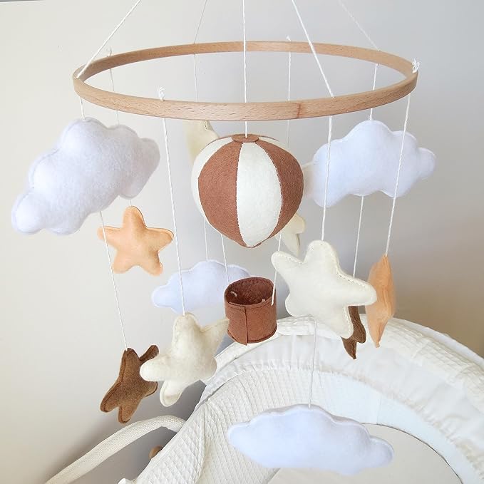 Neutral Hot Air Balloon Mobile for Crib Boho Baby Crib Mobile for Girls Boys Stars & Clouds Hot Air Balloon Baby Mobile for Crib