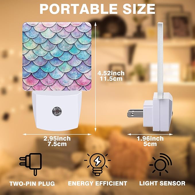 Mermaid Scales Night Light, Plug-in Nightlight with Dusk to Dawn Auto Sensor for Home Bedroom Bathroom Hallway Kitchen 0.5W Sleep Friendly Led Lamp for Women Men