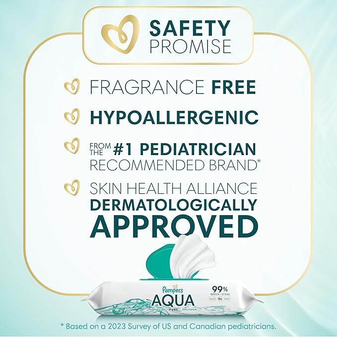 Pampers Aqua Pure Baby Wipes, 99% Water, Fragrance Free, 336 Baby Wipes Total (6X Flip-Top Packs) [Packaging May Vary]