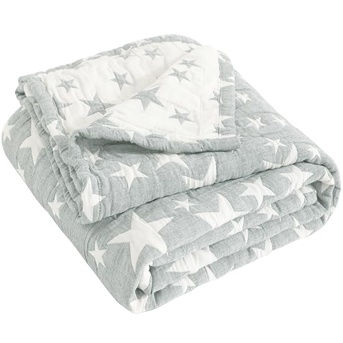 NTBAY 3 Layer Oversized Muslin Cotton Toddler Blanket, 45x60 Inches Jacquard Reversible Nursery Bed Blanket, Super Soft and Thermal Crib Blanket for All Seasons, Baby Gift, 45"x60", Grey/White Star