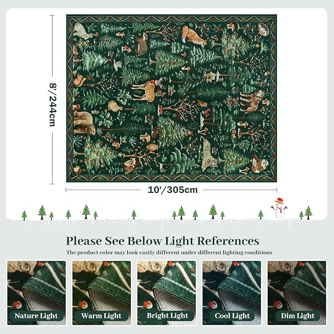 OJIA Christmas Area Rug 8x10 Green Rugs for Living Room, Xmas Animal Washable Rugs 8x10 Soft Bedroom Throw Rug, Holiday Dining Room Carpet Non-Slip Low Pile Carpet for Kids Room Nursery