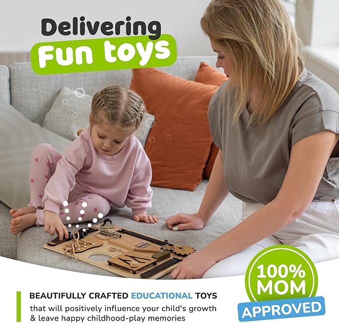 deMoca Sensory Busy Board for Toddlers, Premium Wooden Toddler Busy Board for 1 2 3 Year Old with 10 Educational Activities for Fine Motor Skills, Fidget Activity Toy for Travel Toy (Nature - Large)