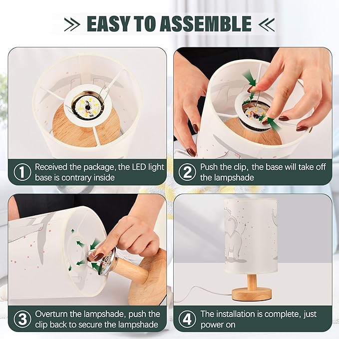 Table Lamp Cute Elephant Baby with Love Heart Valentines Day White Nightstand Lamp with Wood Base Fabric Lamp Shade Bedside Desk Lamp for Living Room Bedroom Kids Room Office