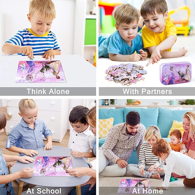 LELEMON Pretty Puzzles for Kids Ages 4-6, Snowmen 60 Piece Puzzles for Kids Ages 4-8,Children Jigsaw Puzzles in a Metal Box,Educational Learning Puzzle Toys for Girls and Boys