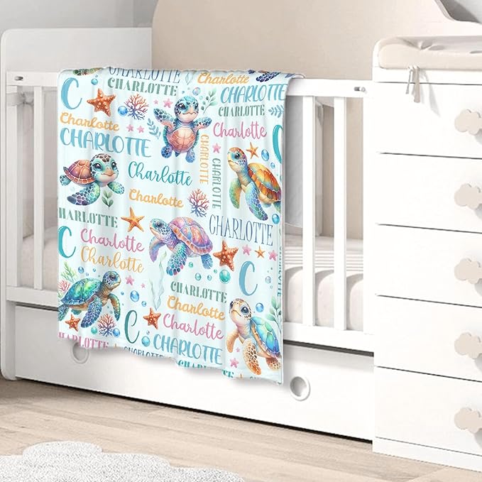 Personalized Custom Baby Blanket with Name - Sea Turtle Swaddle Blanket for Toddlers, Infants, Kids, Newborns - Nursery Stroller Crib Decor Throw - Birthday Gift