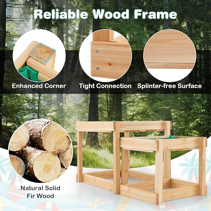 Costzon 2 PCS Wood Kids Sensory Table with Protective Cover, Built-in Liner, Space-Saving Nesting Design for Yard, Garden, Beach, Outdoor Play, Sand and Water Table for Children