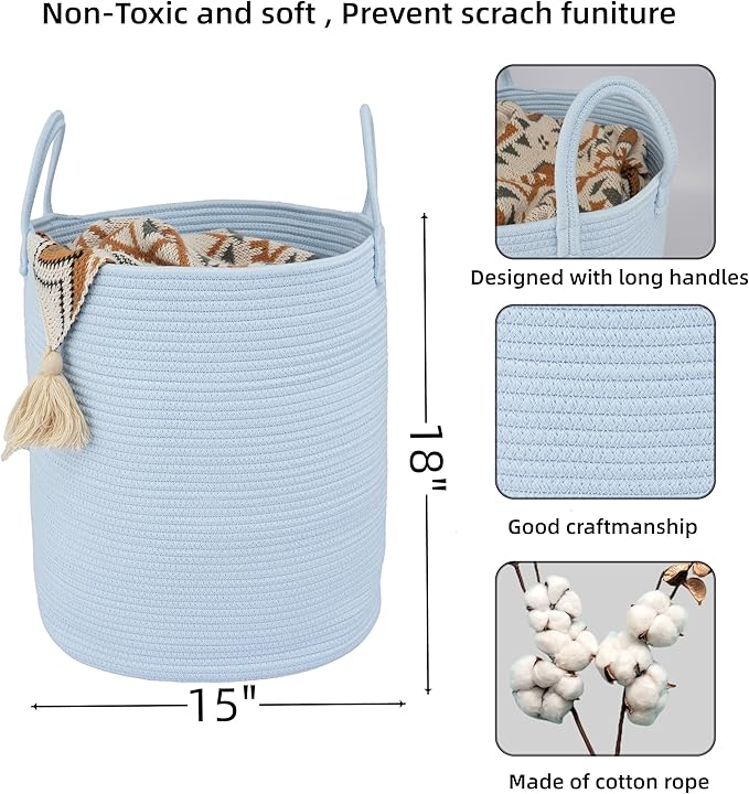 Cotton Rope Laundry Basket Hamper for Clothes Woven Storage Basket for Living Room Bedroom Boho Tall Rope Baskets for Blanket Toys Pillow Towels Baby Nursery Hamper Bin light blue