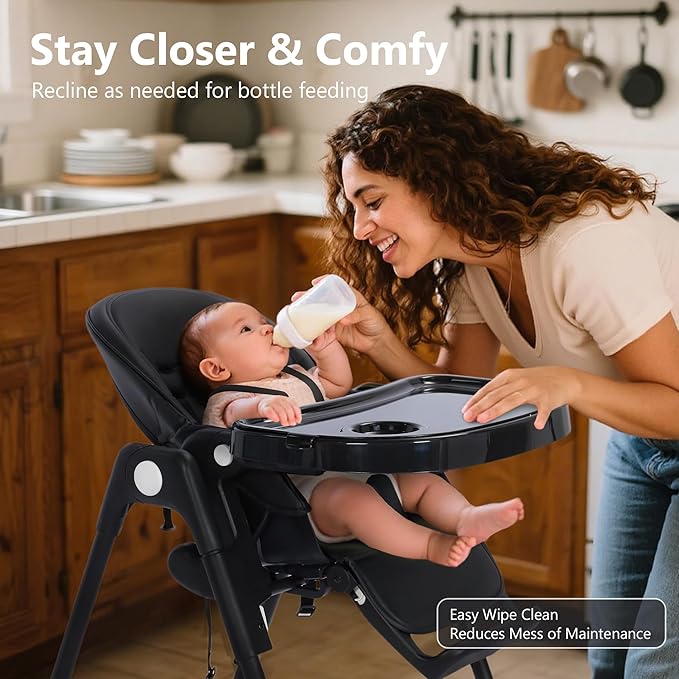 Kinder King Convertible High Chair for Babies & Toddlers, Adjustable Baby Feeding High Chair with Removable Double Tray, Simple Compact Fold for Space-Saving, 2 Built-in Wheels, Easy to Clean, Black