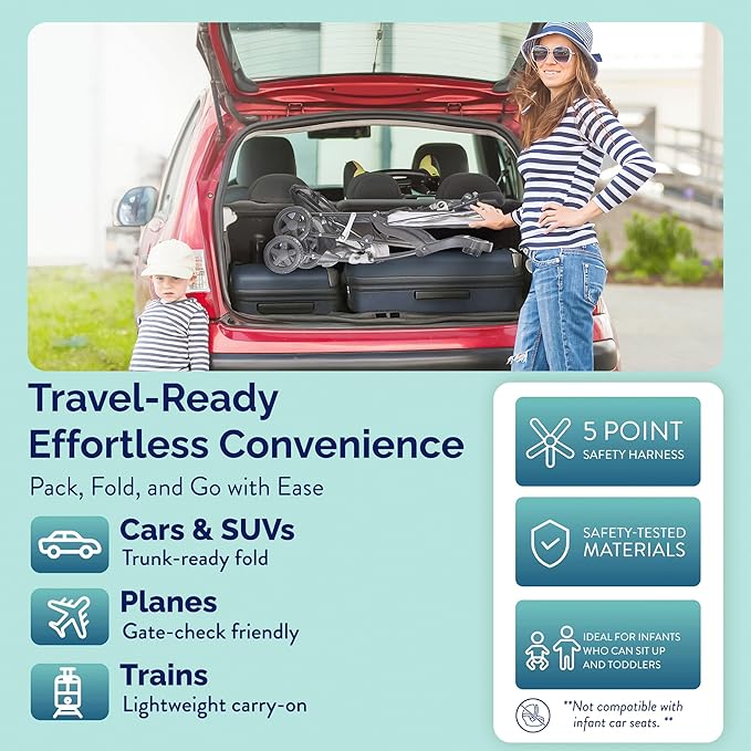 Kolcraft Cloud Plus Lightweight Umbrella Stroller for Toddlers with Reclining Seat, Large Storage Basket, Canopy, Infant & Parent Trays, Compact Fold for Summer Travel, Durable Frame, Slate Gray