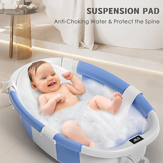 Collapsible Baby Bathtub for Newborn to Toddler 0-36 Months,Spacious Foldable Infant Bath Tub with Thermometer,Cushion & Drain Hole,Portable Travel Tub, Baby Shower Gift Blue