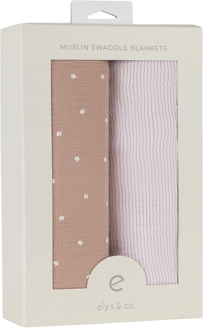 Ely's & Co. Cotton Muslin Swaddle Blanket 2-Pack — 100% Cotton Muslin Extra-Large Swaddle Blankets (47” x 47”) White Tulip on Pink + Stripes