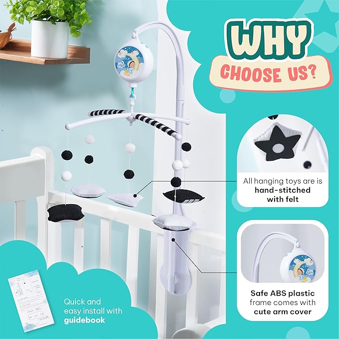 Montessori Mobile Baby for Crib (TINITIGIES) - Black and White Mobile Give Visual Stimulation to Engage Your Newborn - Baby Crib Mobile for Boys & Girls - Baby Mobile for Crib