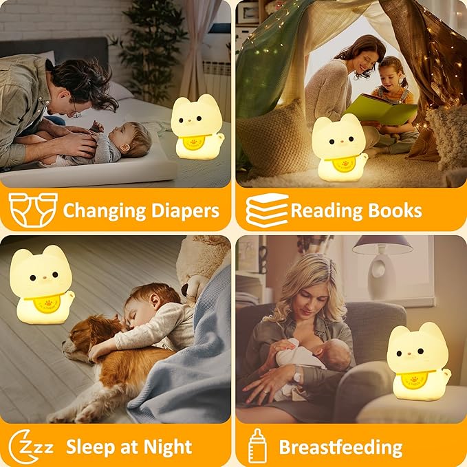Attivolife Cute Cat Night Light for Kids, Animal Kitty Silicone Touch LED Lamp with Dimmable Timer, USB Rechargeable Toddler Feeding Bedroom Bedside Decor Birthday Xmas Gifts for Girls Baby