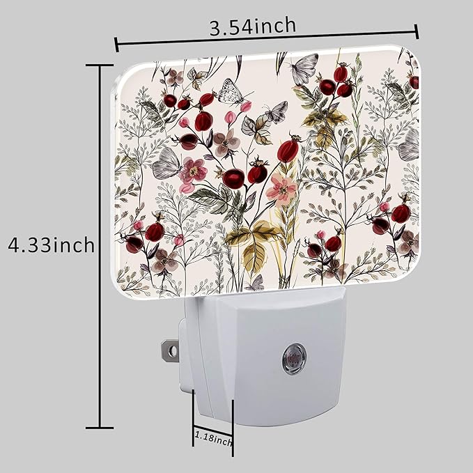 Vintage Flowers Plants Night Light, Butterfly Nightlight Plug into Wall with Dusk to Dawn Sensor for Kid Girls Boys Women Men Bedroom, Hallway, Kitchen, Bathroom, Stairs Decor