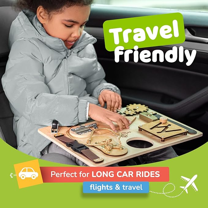 deMoca Sensory Busy Board for Toddlers, Premium Wooden Toddler Busy Board for 1 2 3 Year Old with 10 Educational Activities for Fine Motor Skills, Fidget Activity Toy for Travel Toy (Nature - Large)