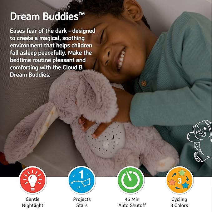 Cloud B Dream Buddies Benny The Bunny - The Soothing Mini Baby Night Light Kids Love | Star Projector Sleep Aid with Gentle Lights and Auto Shut Off | Newborn Essentials Baby Toys