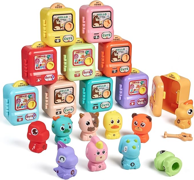 Learning Toy for Toddlers, Counting, Matching & Sorting Montessori Learning Toy，10pcs Animal Finger Puppets with Geometric Key Treasure Lock, Christmas Birthday Gift for Baby Boys Girls