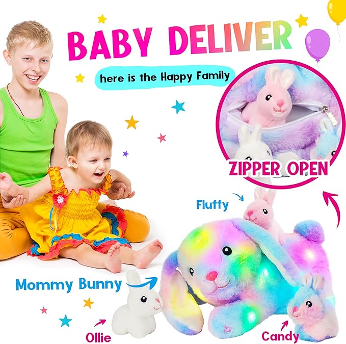 Hopearl LED Musical Stuffed Bunny Light up Singing Plush Toy Playset Mommy Rabbit with 3 Baby Bunnies in her Tummy Adjustable Volume Lullaby Animated Soothe Gifts for Kids Toddler Girls, Rainbow, 12''