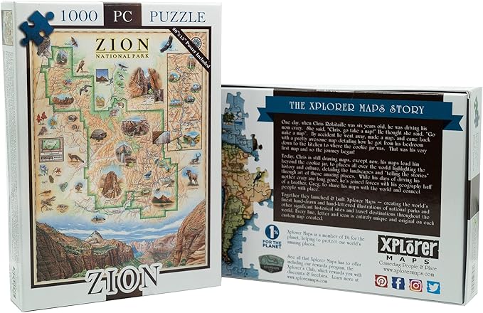 Zion National Park Map Cardboard Jigsaw Puzzle - 1000 Pieces, Hand-Illustrated - Educational, Family Activity, Ages 8+, Includes Poster - 25.4 x 19.8