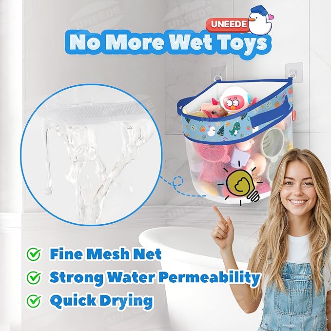 UNEEDE Dino Print Bath Toy Storage,4.15 Gallons Bathtub Toy Storage Organizer,Bath Toy Holder for Bathtub Organizer and Storage,Quick Dry Bath Toy Organizer,Mesh Shower Caddy,Blue Dinosaur Sutff