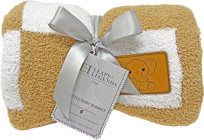 Checkered Baby Blanket 28"x40" - DreamSoft Knit Throw for Crib, Stroller or Car Seat - Soft Receiving Blanket/Newborn Nursery Gift Essential for Toddler, Infant, Kids, Boys & Girls (Tan/White)