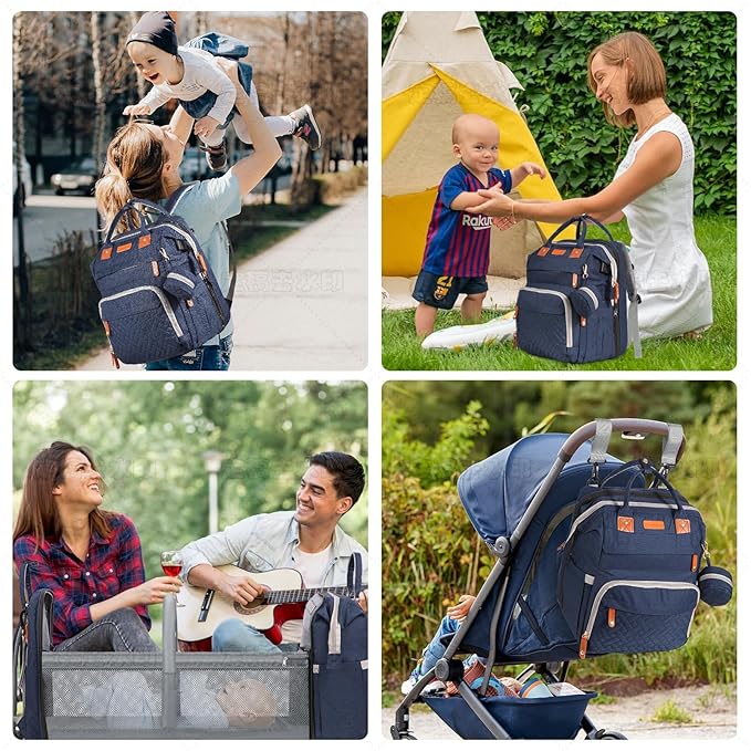 Baby Diaper Bag Backpack, with Diaper Changing Station, Multi-functional Travel Diaper Waterproof Backpack, for Baby Boys and Girls, Folding Portable Nappy Changing Mat and Sun Canopy(Large Blue)