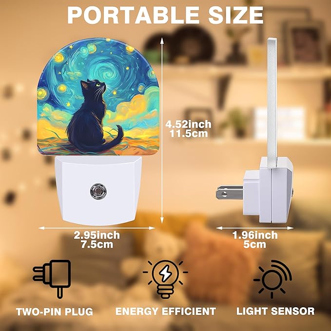 Night Lights Plug into Wall Black Cat Watching Starry Night Night Light Dusk to Dawn Smart Sensor Decorative Round Led Lamp for Bedroom Kitchen Hallway Nightlight for Women Men
