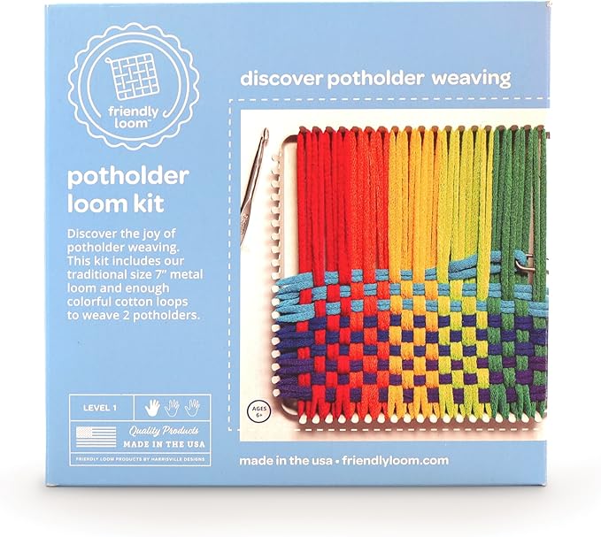 Friendly Loom 7” Traditional Potholder Weaving Kit | Sturdy Metal Loom and Quality Cotton Weaving Loops in Rainbow Colors | Complete Kit to Weave 2 Functional Potholders | Made in the USA