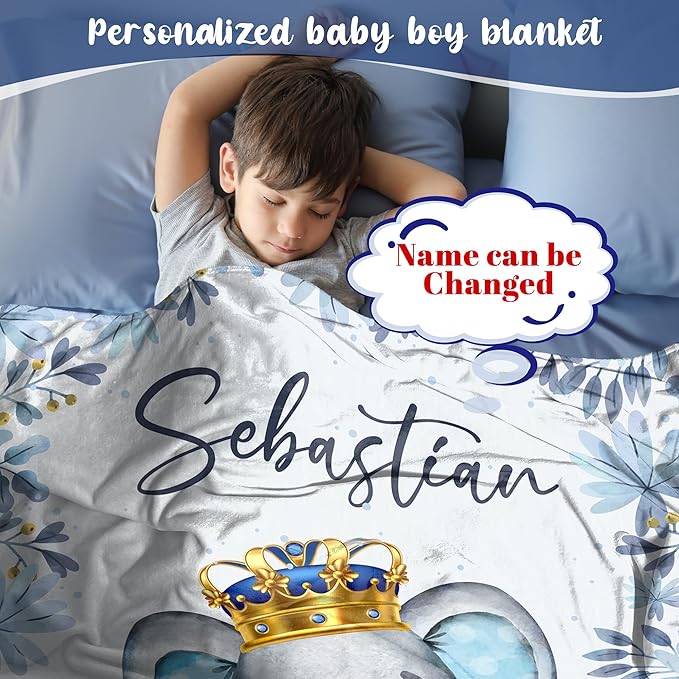 J&SBGFT Personalized Baby Blanket for Boys, Custom Name Blanket for Toddlers, Boys Stroller Crib Decor Throw, Blue Elephant