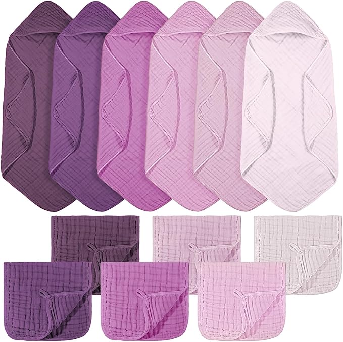 VitalCozy 12 Pcs Baby Muslin Hooded Bath Towels and Washcloths, 32 x 32 Inch Muslin Cotton Hooded Baby Towels Absorbent Hooded Blankets for Gift Newborn Infant Shower (Purple Series)