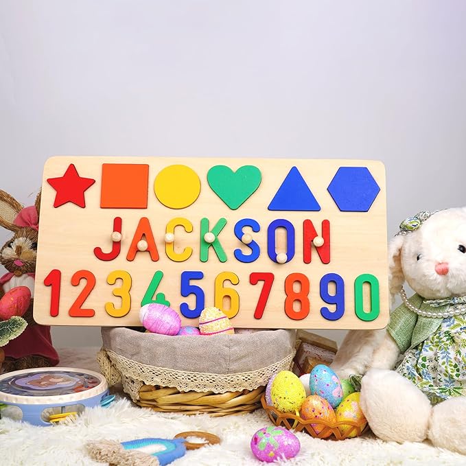 Name Puzzle for Kids Personalized, Custom Wooden Number Puzzles for Toddlers 1-3 with Shape, Personalized Baby Gifts Educational Toys for 1 Year Old Girl Gifts for Birthday Baptism