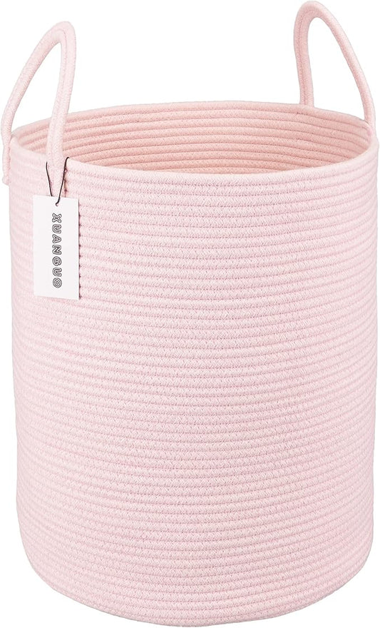Cotton Rope Laundry Basket Hamper for Girls Kids Baby Nursery Hamper Bin Woven Storage Basket for Living Room Girls room Boho Tall Rope Baskets for Blanket Toys Large light pink