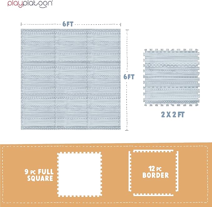 Play Platoon Non-Toxic Large Kids Play Mats for Floor, 9 Tile 72 x 72 inch - Extra-Thick Foam Tiles, 24 x 24 inch Puzzle Mat Pieces, Neutral Playmat Rug for Toddler & Childrens Playroom - Acadia Print
