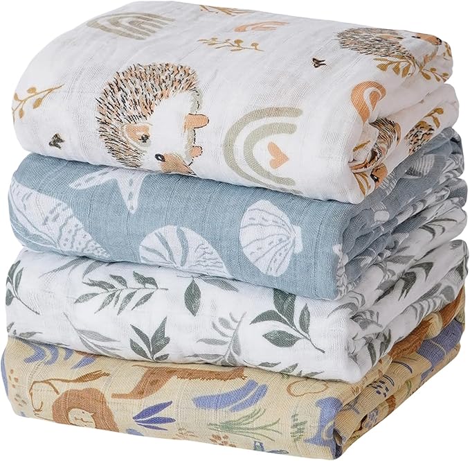 4 Set Muslin Swaddle Blankets for Newborn Baby Boys, Girls,Receiving Blankets-Cute Soft Print Baby Towel Wrap 120x110cm Baby (Animal)