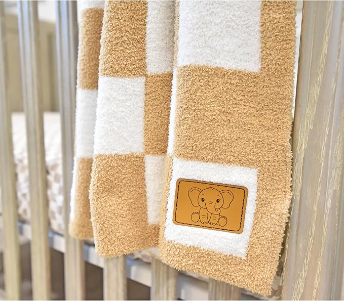 Checkered Baby Blanket 28"x40" - DreamSoft Knit Throw for Crib, Stroller or Car Seat - Soft Receiving Blanket/Newborn Nursery Gift Essential for Toddler, Infant, Kids, Boys & Girls (Tan/White)