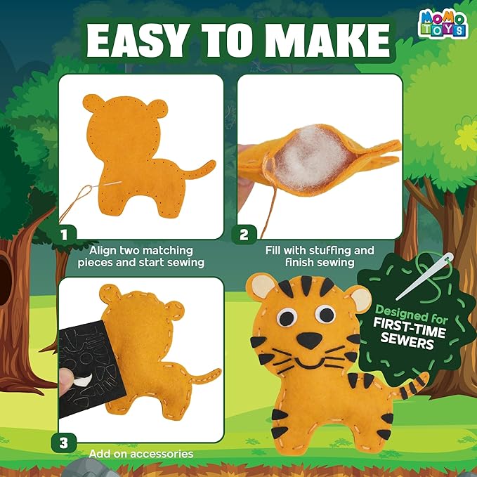 MOMOTOYS Wild Animals Beginner Sewing Kit for Kids Ages 7+ – Includes 9 Kids Sewing Projects with Tools & Art Supplies – DIY Felt Crafts for Girls & Boys – Gifts for 7, 8, 9, 10, 11, 12 Year Old